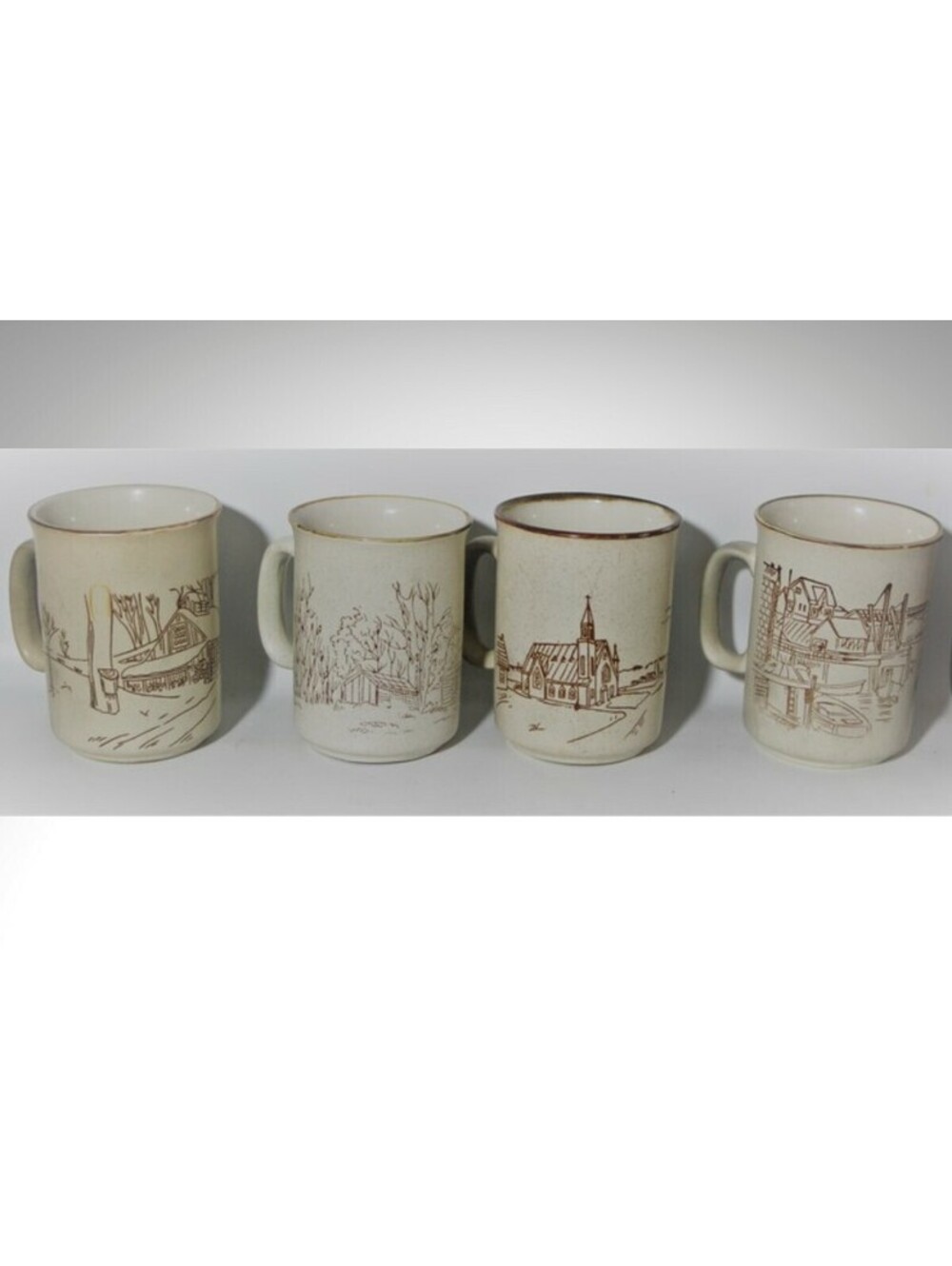 COLLECTION MANOIR Set/4 Mugs*Sleigh*Cabin*Church*Fishing Village*Stoneware